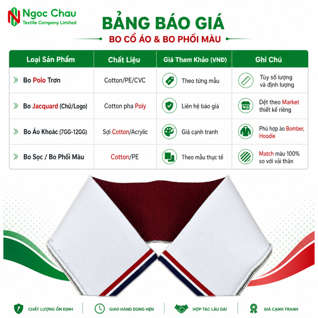 Báo giá bo cổ áo đồng phục tại Dệt Ngọc Châu