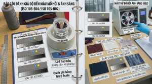 test độ bền màu với mồ hôi và ánh sáng mặt trời (ISO 105-E04 / ISO 105-B02)