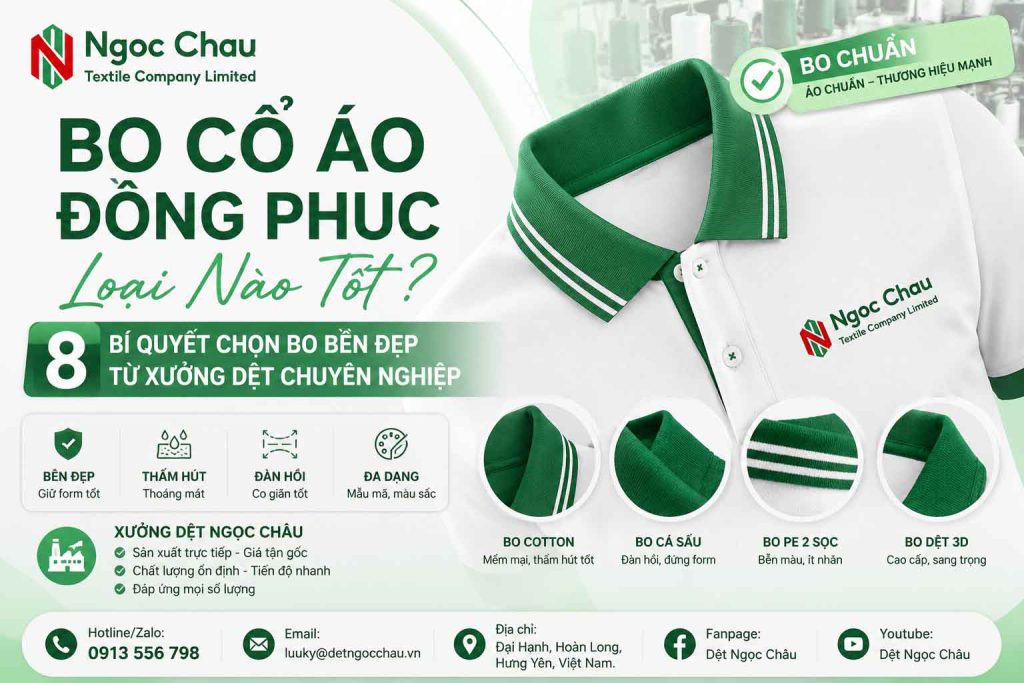 Bo Cổ Áo Đồng Phục Loại Nào Tốt? 8 Bí Quyết Chọn Bo Bền Đẹp Từ Xưởng Dệt Chuyên Nghiệp tạo banner cho bài seo có tiêu đề này có kích thước 900x600 tone màu chủ đạo là trắng và xanh lá pastel thêm logo vào áo và banner thêm tt Công ty TNHH Dệt Ngọc Châu Hotline/Zalo: 0913556798 Email: luuky@detngocchau.vn Địa chỉ: Đại Hạnh, Hoàn Long, Hưng Yên, Việt Nam. Fanpage: Dệt Ngọc Châu Youtube: Dệt Ngọc Châu